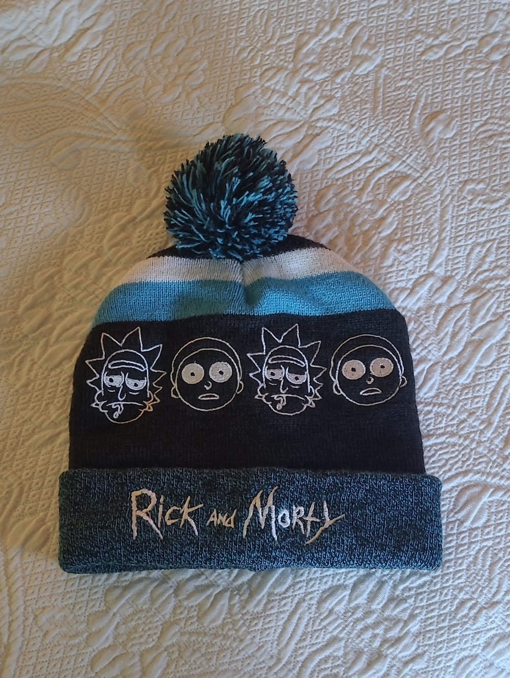 Rick And Morty Dark Grey/Black Blue Pom Beanie Adult Swim One Size